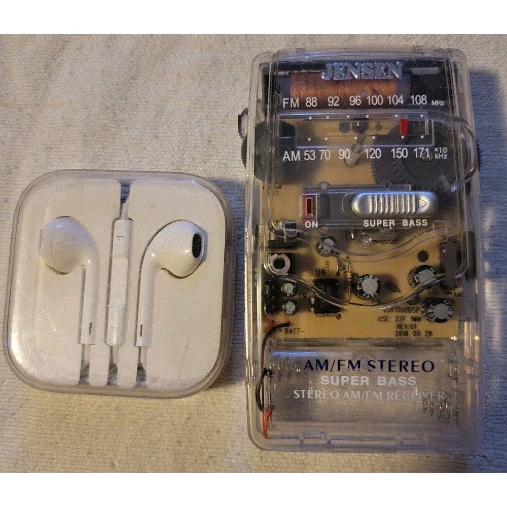 Jensen JSR-1000B Clear AM/FM Pocket Radio Tested Works w Apple Earbuds